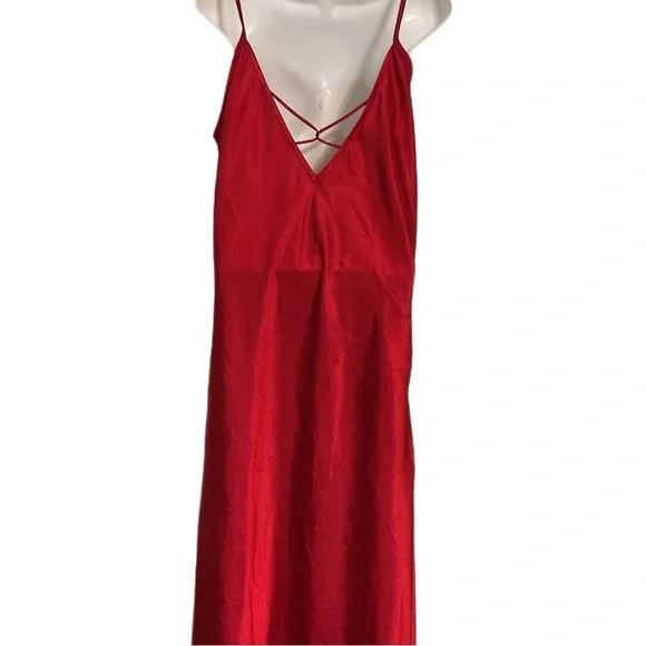 Vintage cross back Elegant Red Satin Slip Dress lingerie sleepwear maxi - Picture 3 of 9